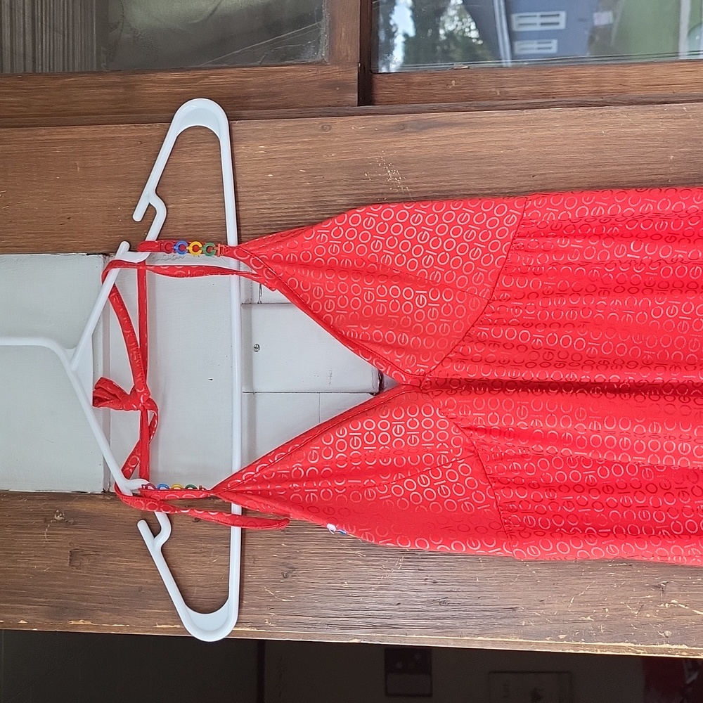 COOGI Spellout Sexy Red Maxi Halter Low Back Silky Slinky Vintage Dress